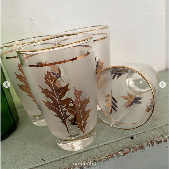 Vintage Drinking Glass Highball Frosted Gold MCM Barware Leaf Libbey Set 4 - Picture 6 of 10